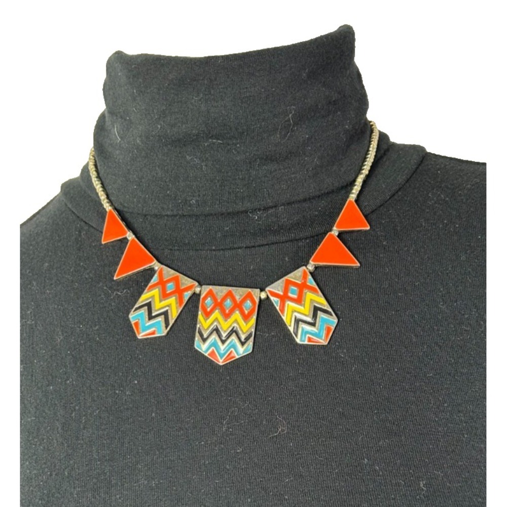 Vintage 80s Aztec Enamel Collar Necklace Southwestern Geometric Chevron Tribal B